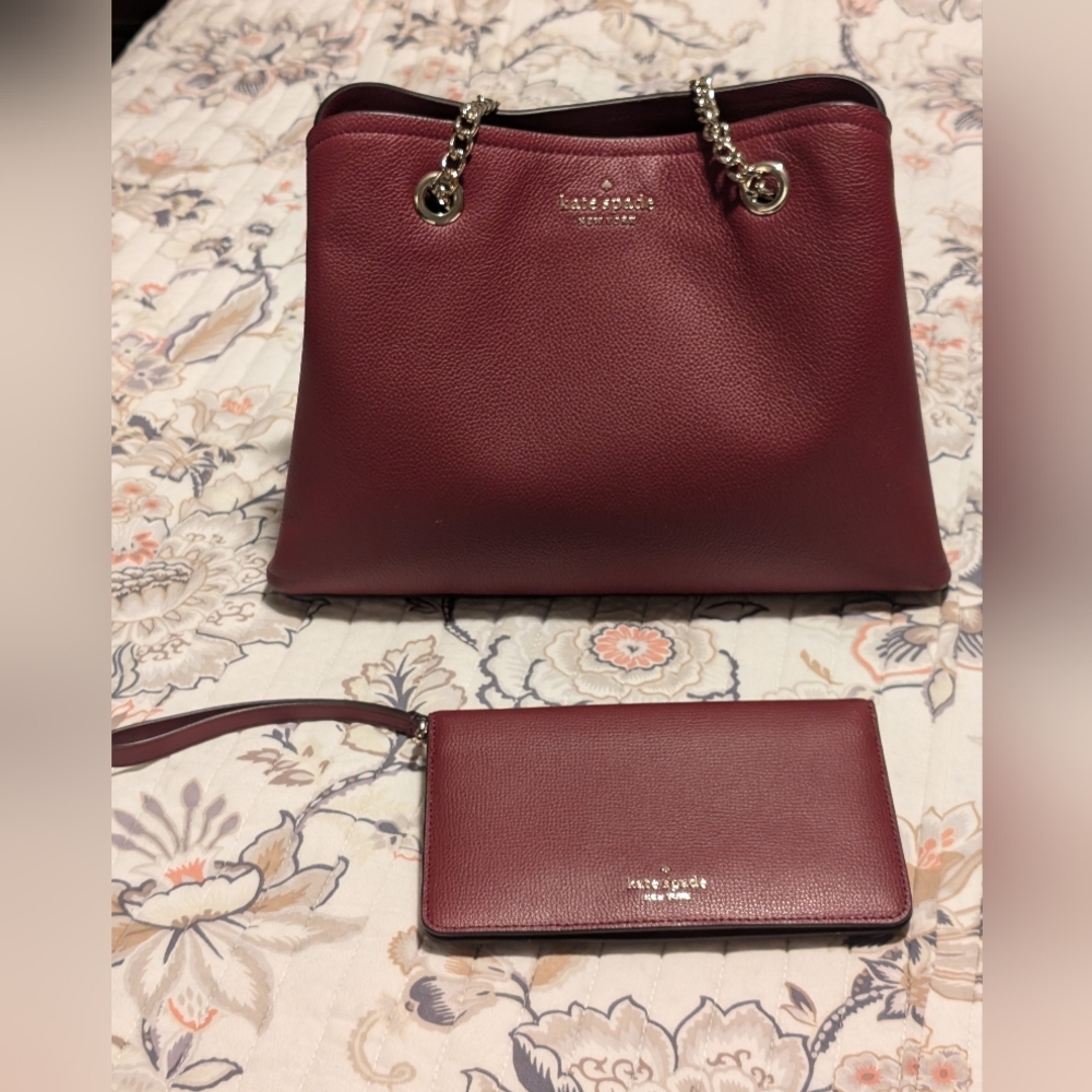 Kate Spade tote Jordyn Chain tote burgundy bag & wallet PRISTINE